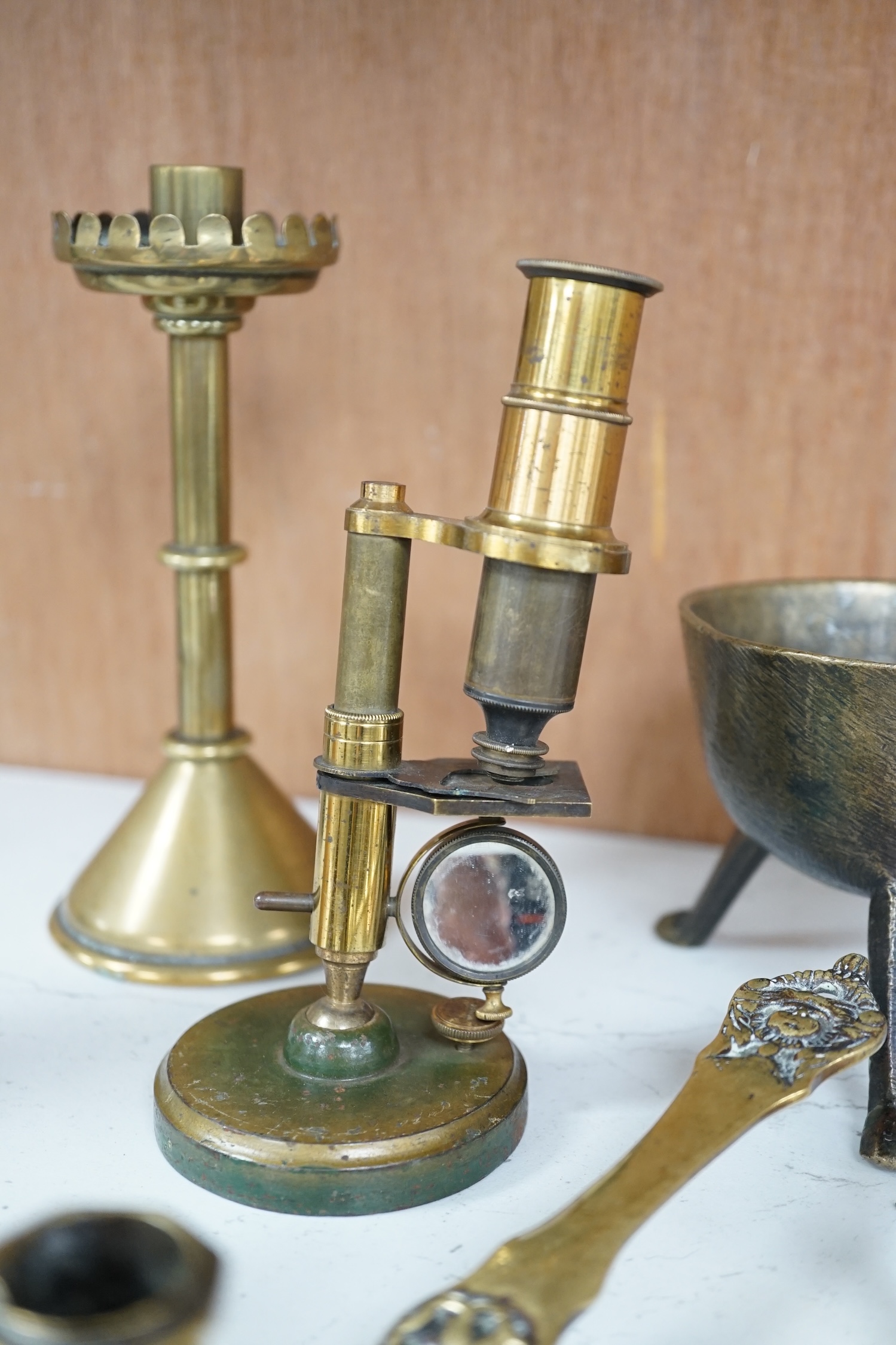 Metalware: to include 19th century vein-cutter, a pair of candlesticks, a candle holder, quaich etc., candlesticks 16cm high (11). Condition - fair